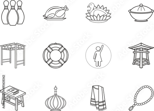 An assortment of outline images including food, sports, religion, and travel themes is shown