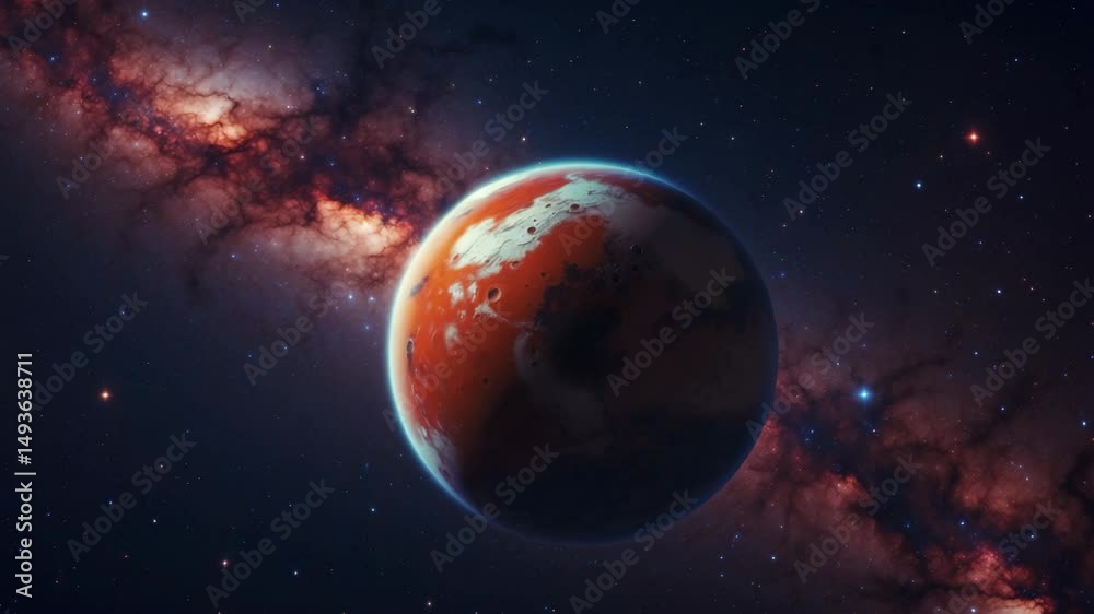 Journey to Mars Concept: Amazing red planet Mars in deep stellar space and starry sky