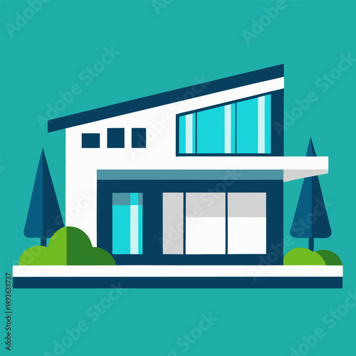 vector illustration of a modern house, An illustration of a modern two story house with a front porch, a yard, and trees.