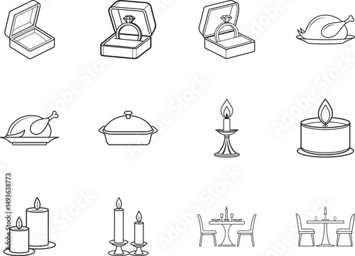 Wedding ring boxes, roast turkey, candles, and a dining table are displayed