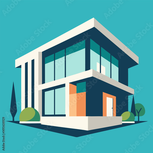 vector illustration of a modern house, An illustration of a modern two story house with a front porch, a yard, and trees.