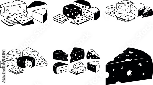 Delicious assortment of cheeses black and white illustration
