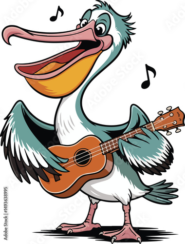 Cheerful Pelican with Ukulele Slung vector illustration