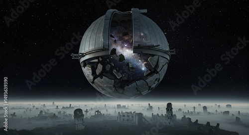 Observatory Dome with Galaxy Inside Over Ruins Landscape