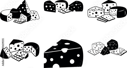 Assorted cheese selection black and white illustration