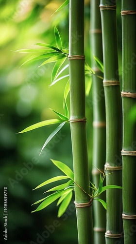 Green bamboo stalks growing in asian forest