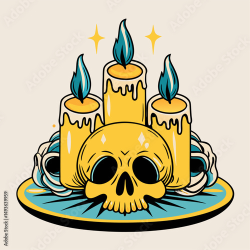 Three yellow candles surround a skull on a plate with flowers