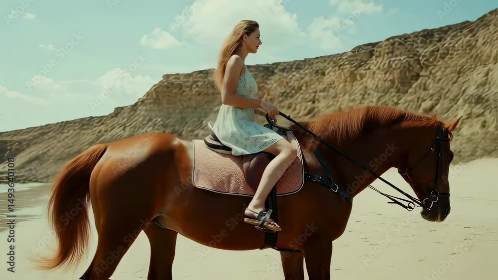 Young woman rides a horse on the beach during sunny day adventure