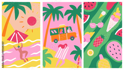 Embracing Summer s Joy Whimsical Beach Scenes Sweet Treats and Sunny Adventures with vibrant flat