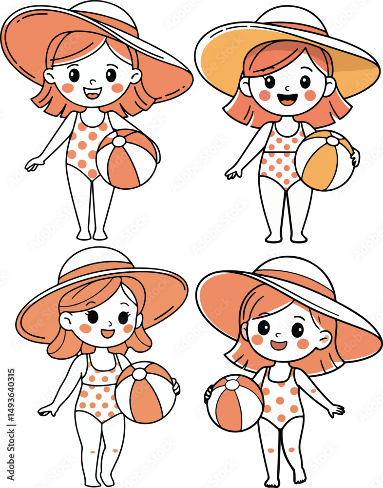 Cute Cartoon Girl in Summer Hat with Beach Ball vector illustration Cute Cartoon Girl in Summer Hat with Beach Ball vector illustration