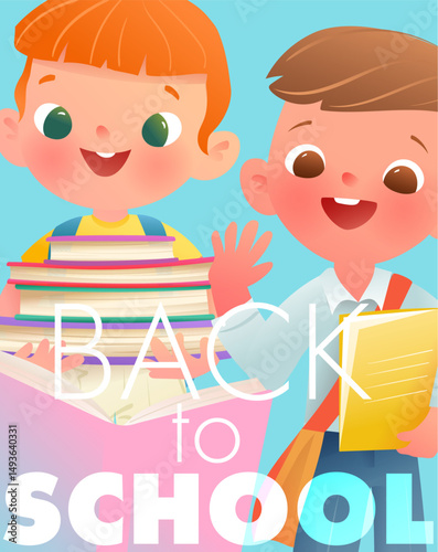 Back to school flyer or poster with lettering and school children character design. Schoolboy and Schoolgirl go to school with books and pens and pencils. Learning and education vector template design