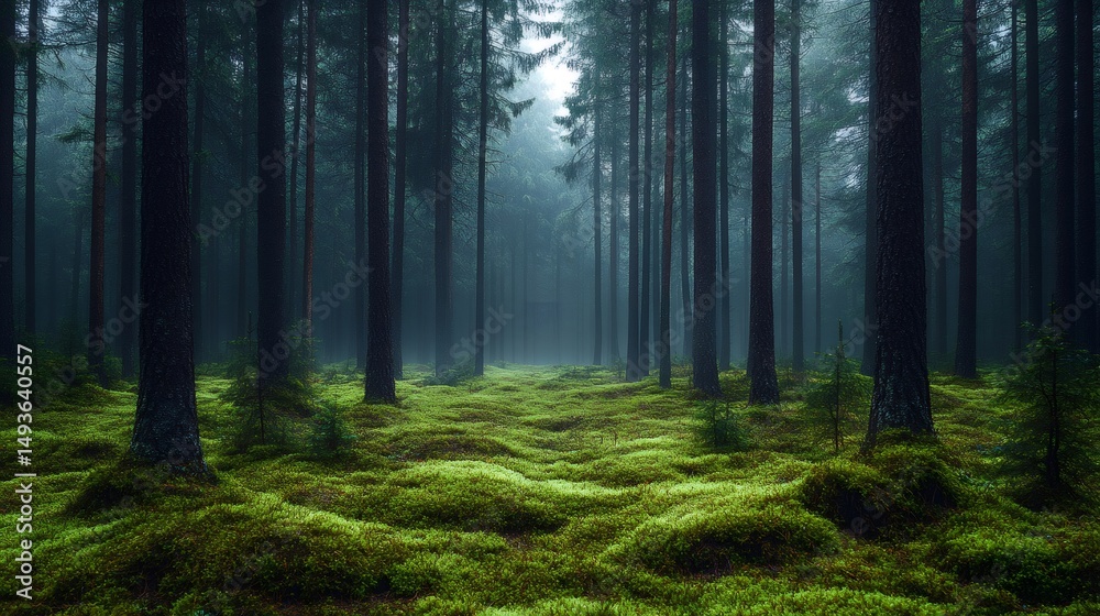 Fototapeta premium Mysterious fog rolling through lush green mossy forest floor