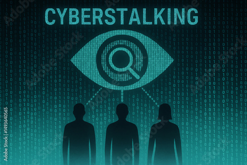 An abstract digital illustration depicting the concept of cyberstalking, featuring silhouettes under the eye of surveillance, symbolizing privacy concerns and online harassment.