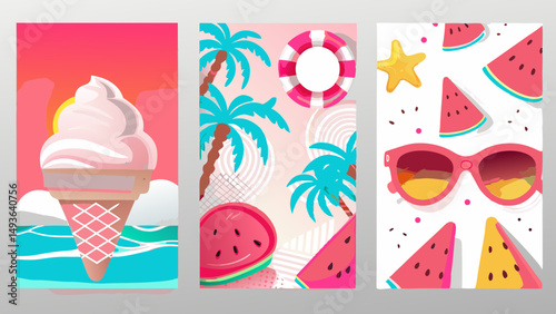 Vibrant summer fun with ice cream treats and beach views evoking carefree joy in bright pastel