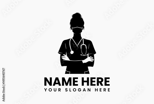 Minimalist monochrome line art nurse with stethoscope and confident folded arms vector logo. Professional healthcare emblem  