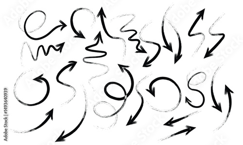 Hand Drawn Arrow Collection, Brush Sketches hand  drawn doodle style pointers, curved lines, round swirls, chaotic scribbling artistic design elements set, isolated on white backgrond