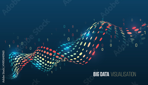 Modern big data visualization with wave of colored dots and binary code on dark blue background. Abstract information flow, digital transformation, data analysis, high-tech analytical concept.