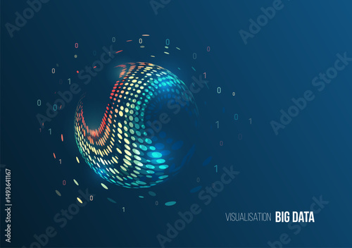Data analysis and visual representation of information flows in the modern information environment. Abstract big data visualization with a circular wave of colored dots on a dark blue background.