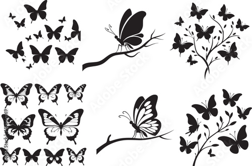 Black butterfly silhouettes on branches design elements
