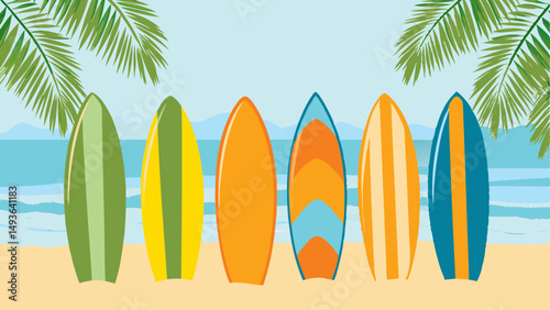 Colorful surfboards ready for a fun day of waves under swaying palm trees an idyllic beach escape