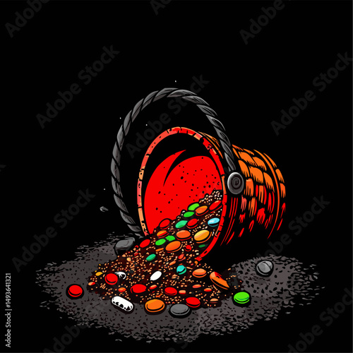 Overturned bucket of colorful pills and stones dark background