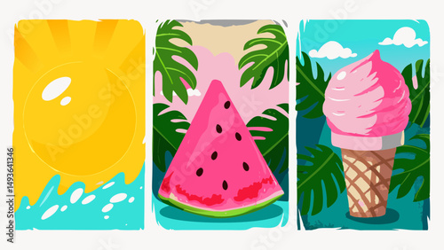 A sunny beach day dream with juicy watermelon and a sweet ice cream treat in digital art with bold