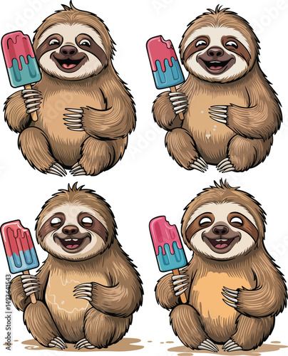 Happy Cartoon Beach Sloth Holding Melting Popsicle vector illustration