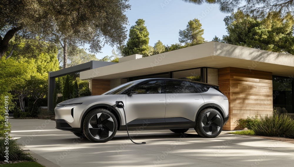 Silver EV SUV parked at modern home, charging Silver EV SUV parked at modern home, charging