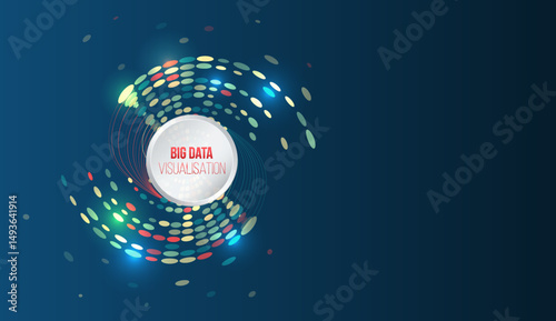 Data analysis and visual representation of information flows in the modern information environment. Abstract big data visualization with a circular wave of colored dots on a dark blue background.