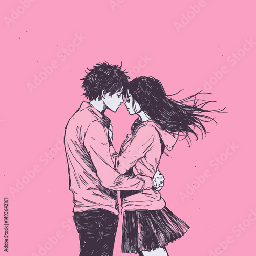 Anime couple in an embrace with a pink background