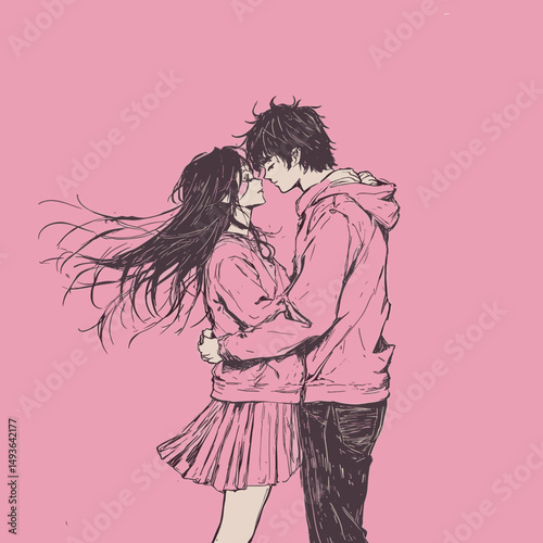 Anime couple in an embrace with a pink background
