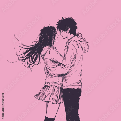 Anime couple in an embrace with a pink background