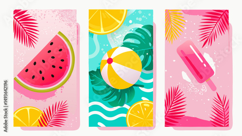 Summer Fun Watermelon slice Beach Ball Popsicle evoking sunny day memories and tropical palm leaves
