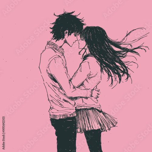 Anime couple in an embrace with a pink background