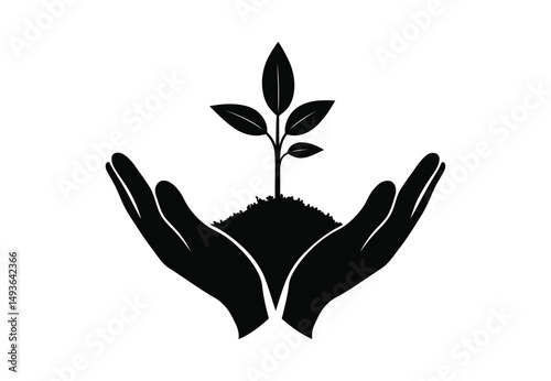 Black silhouette of hands holding growing plant eco friendly concept, sustainability, environment protection, organic growth, nature care symbol, vector illustration