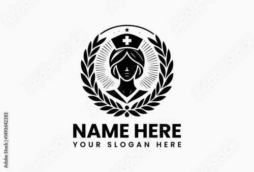 Elegant nurse icon with traditional cap framed by laurel branches and cross vector emblem. Medical profession concept  