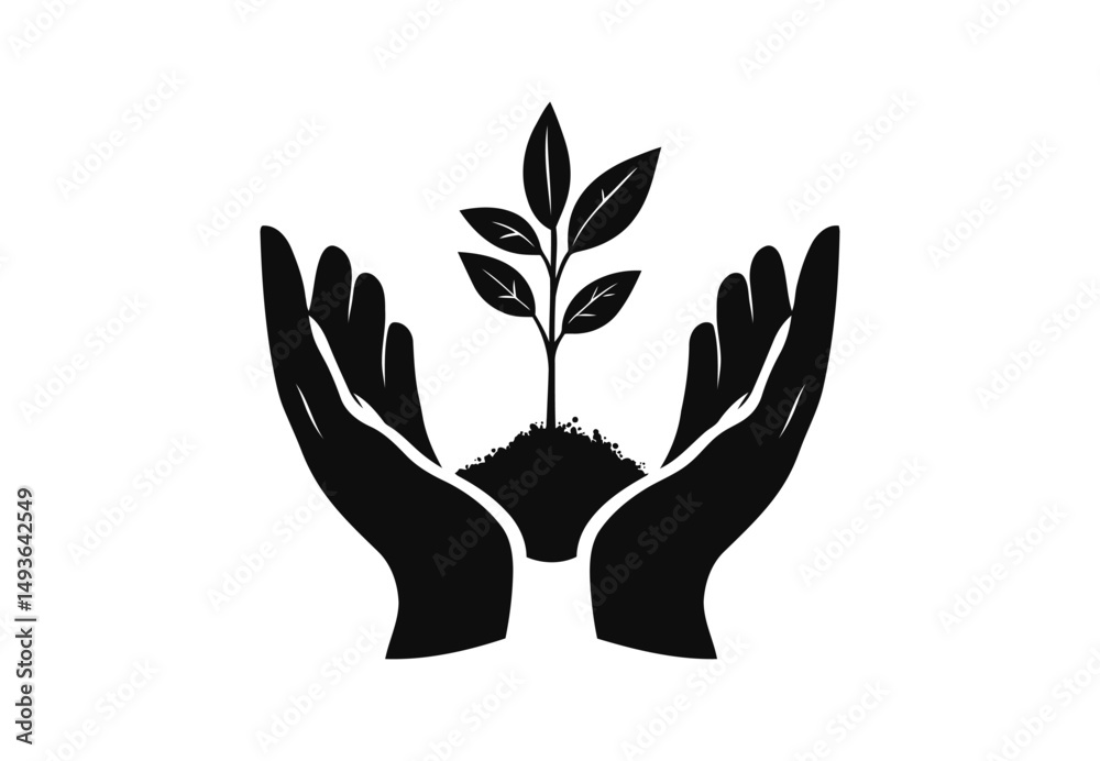Obraz premium Hands cupping a sprout symbol of growth and environmental care. hand holding plant silhouette vector. plant in hand icon. Seedling in hand vector and growing plant icon