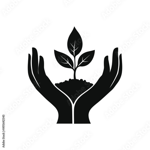 Hands cupping a sprout symbol of growth and environmental care. hand holding plant silhouette vector. plant in hand icon. Seedling in hand vector and growing plant icon