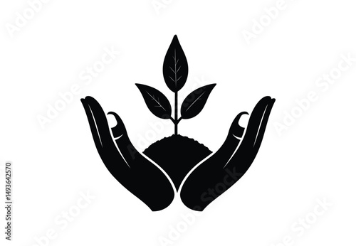 Hands cupping a sprout symbol of growth and environmental care. hand holding plant silhouette vector. plant in hand icon. Seedling in hand vector and growing plant icon