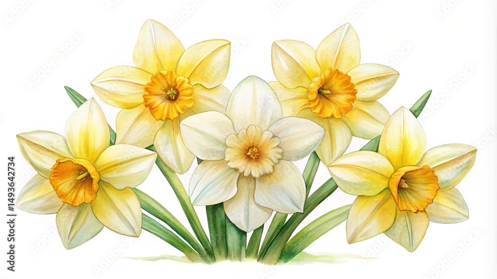 Fototapeta premium Watercolor Illustration of Daffodils in Full Bloom with Yellow and White Petals