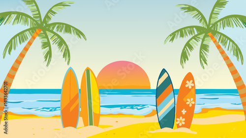 Colorful surfboards awaiting adventure on a sunny beach escape tropical vibes under palm trees with