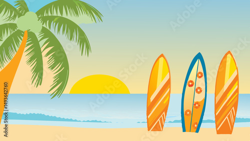 Escape to a tropical beach with surfboards ready for adventure as the sun dips low and vivid color
