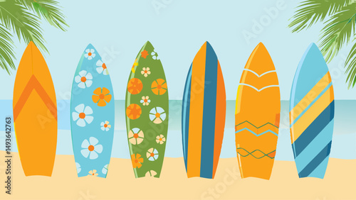 Colorful surfboards lined up on the beach beckoning summer adventures and carefree days with a