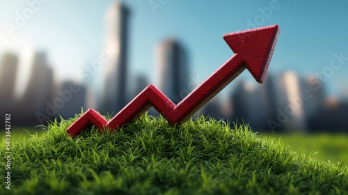 Red arrow growing from green grass represents economic growth in urban landscape