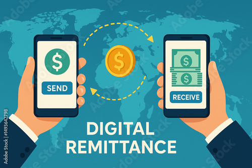 Illustration of digital remittance concept, featuring hands holding smartphones for sending and receiving money, emphasizing modern financial transactions and global connections.