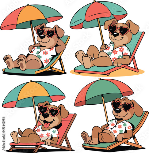 Relaxed Cartoon Dog Lounging on Beach Chair with Sunglasses and Umbrella vector illustration