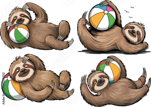 Relaxed Cartoon Sloth Lying on Back with Beach Ball vector illustration