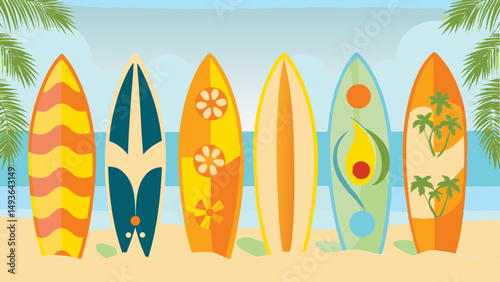 Vibrant surfboards line a sandy beach a colorful invitation to summer fun and ocean adventures with