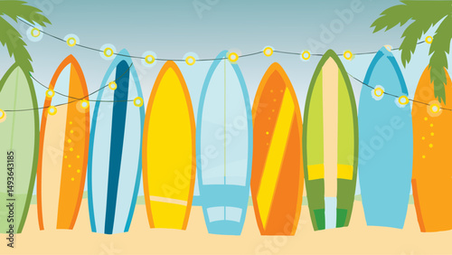 Beach surfboards lined up for a summer beach party with string lights adding a festive touch on sand