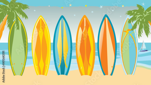 Coastal surfboards lined up on beach ready for summer fun vacation vibes and bright colorful vector